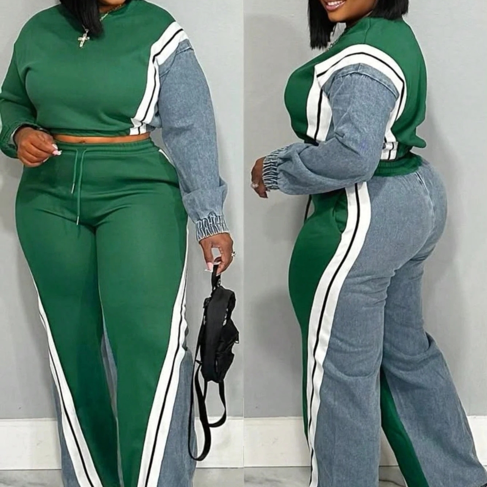Women's Two-Tone Green & Denim Track Jogger Set NEVER WORN